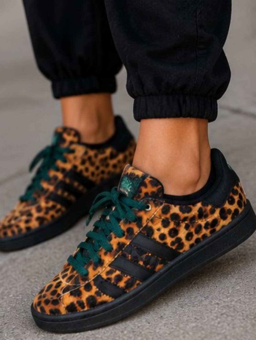 Adidas Women's Fur Leopard Print Sneakers With Green Laces
